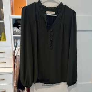 LOFT Black Ruffled Mandarin Collar Blouse